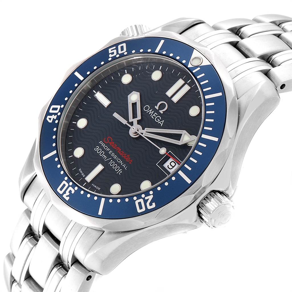 The image shows an angled view of the Omega Seamaster 2223.80.00 Men
s Stainless Steel Blue Dial 2223.80.00 Men
s Stainless Steel Blue Dial watch, highlighting the dial, bezel, and part of the bracelet.