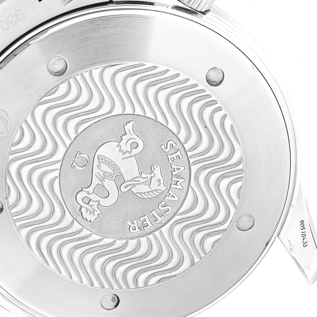 The image shows the case back of the Omega Seamaster 2264.50.00 Men
s Stainless Steel Black Dial 2264.50.00 Men
s Stainless Steel Black Dial watch, displaying the engraved Seamaster logo and wave pattern.