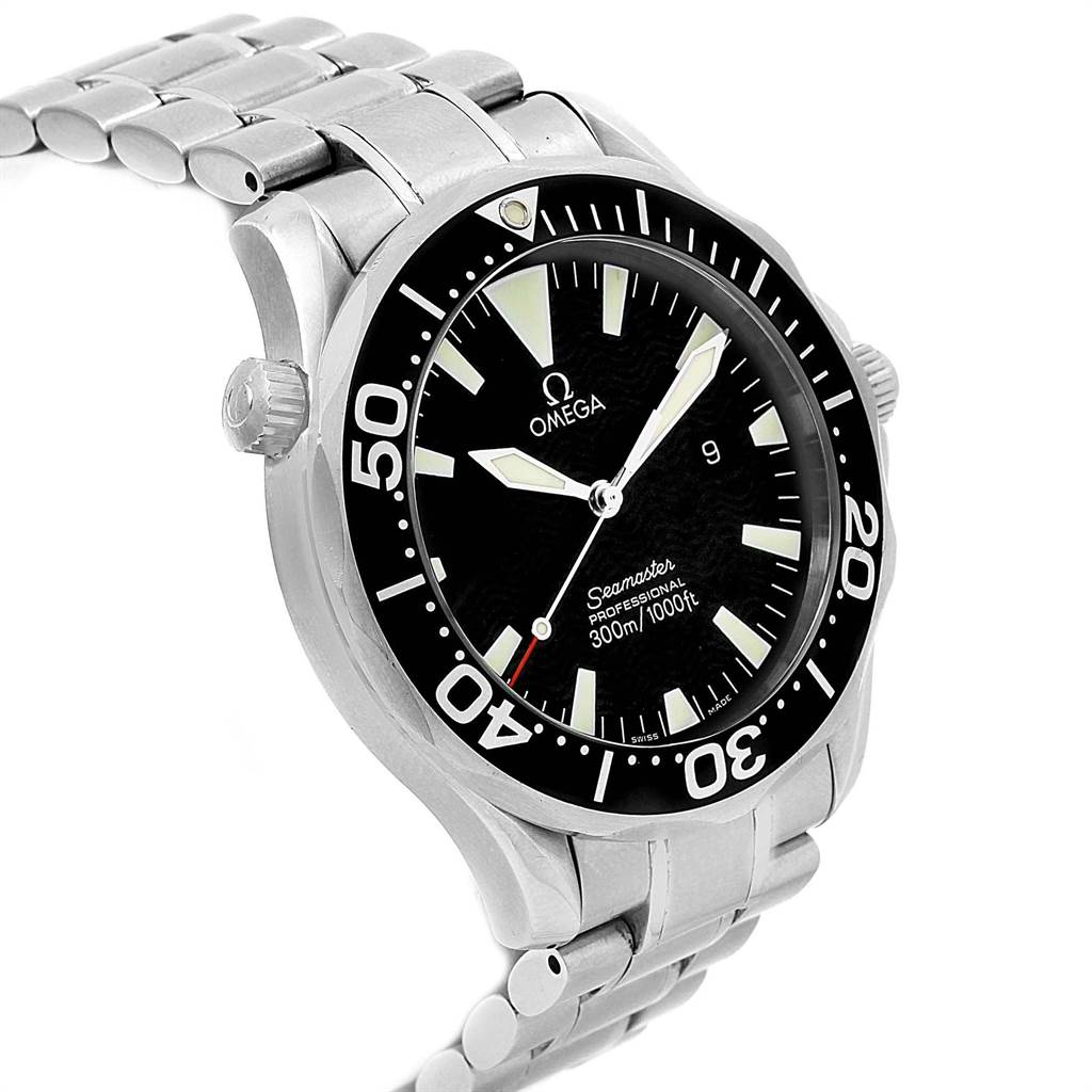The Omega Seamaster 2264.50.00 Men
s Stainless Steel Black Dial 2264.50.00 Men
s Stainless Steel Black Dial watch is shown from an angled perspective, highlighting the dial, bezel, crown, and stainless steel bracelet.