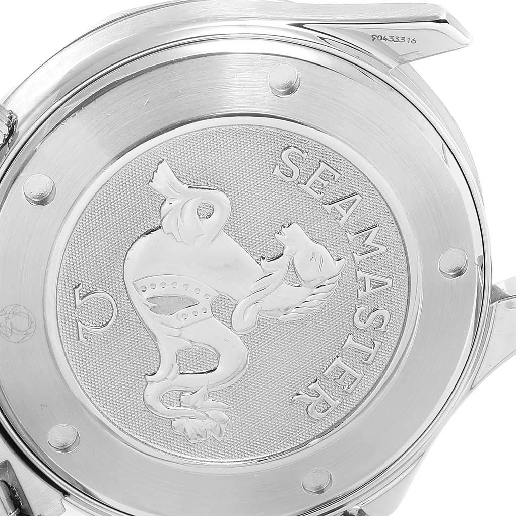 The image shows the caseback of an Omega Seamaster 212.30.41.61.01.001 Men
s Stainless Steel Black Dial 212.30.41.61.01.001 Men
s Stainless Steel Black Dial watch, featuring the brand
s engraved logo.