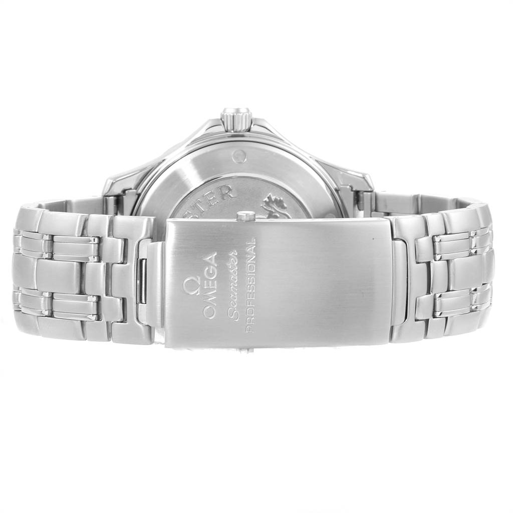 This image shows the back view of an Omega Seamaster 212.30.41.61.01.001 Men
s Stainless Steel Black Dial 212.30.41.61.01.001 Men
s Stainless Steel Black Dial wristwatch, highlighting the clasp and part of the bracelet.