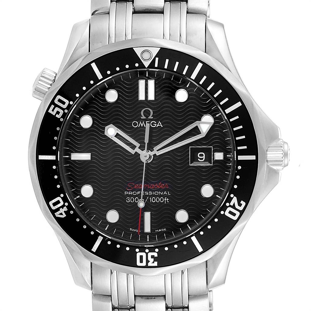 The image shows a front view of an Omega Seamaster 212.30.41.61.01.001 Men
s Stainless Steel Black Dial 212.30.41.61.01.001 Men
s Stainless Steel Black Dial, featuring its dial, hands, bezel, crown, and bracelet.