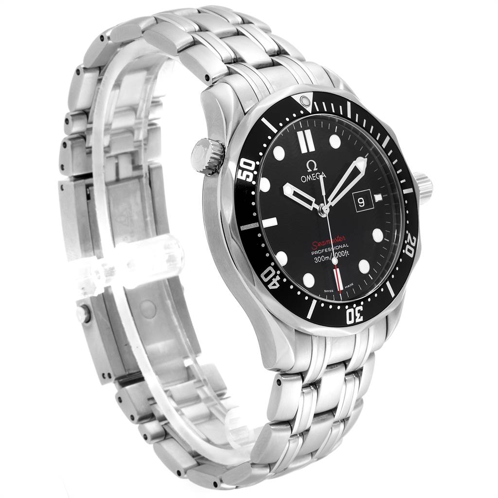 This Omega Seamaster 212.30.41.61.01.001 Men
s Stainless Steel Black Dial 212.30.41.61.01.001 Men
s Stainless Steel Black Dial watch is shown from a slightly tilted side view, highlighting its stainless steel bracelet and black dial.