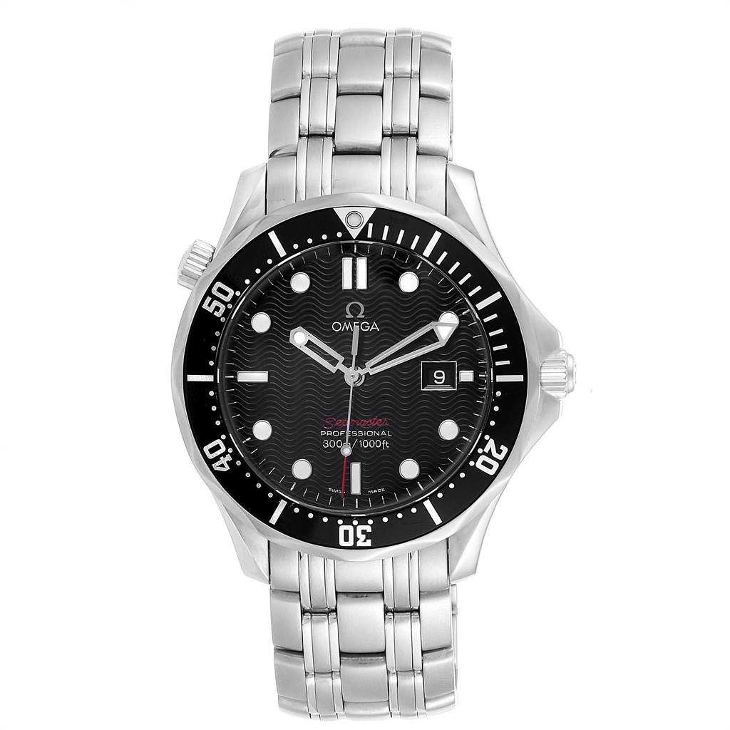 The image shows a front view of the Omega Seamaster 212.30.41.61.01.001 Men
s Stainless Steel Black Dial 212.30.41.61.01.001 Men
s Stainless Steel Black Dial watch highlighting its dial, bezel, and stainless steel bracelet.