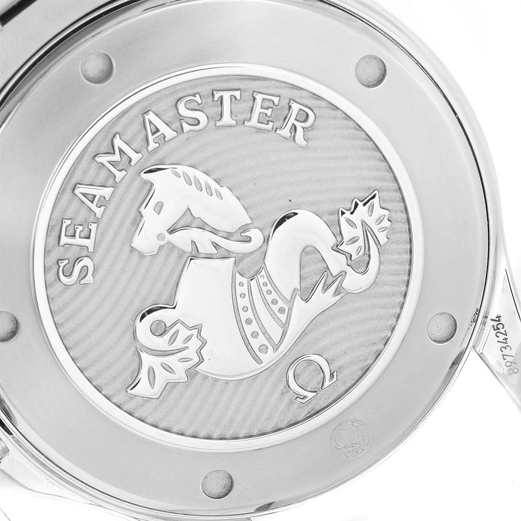 This image shows the case back of an Omega Seamaster 212.30.41.20.01.003 Men
s Stainless Steel Black Dial 212.30.41.20.01.003 Men
s Stainless Steel Black Dial watch, featuring the Seamaster logo and branding.