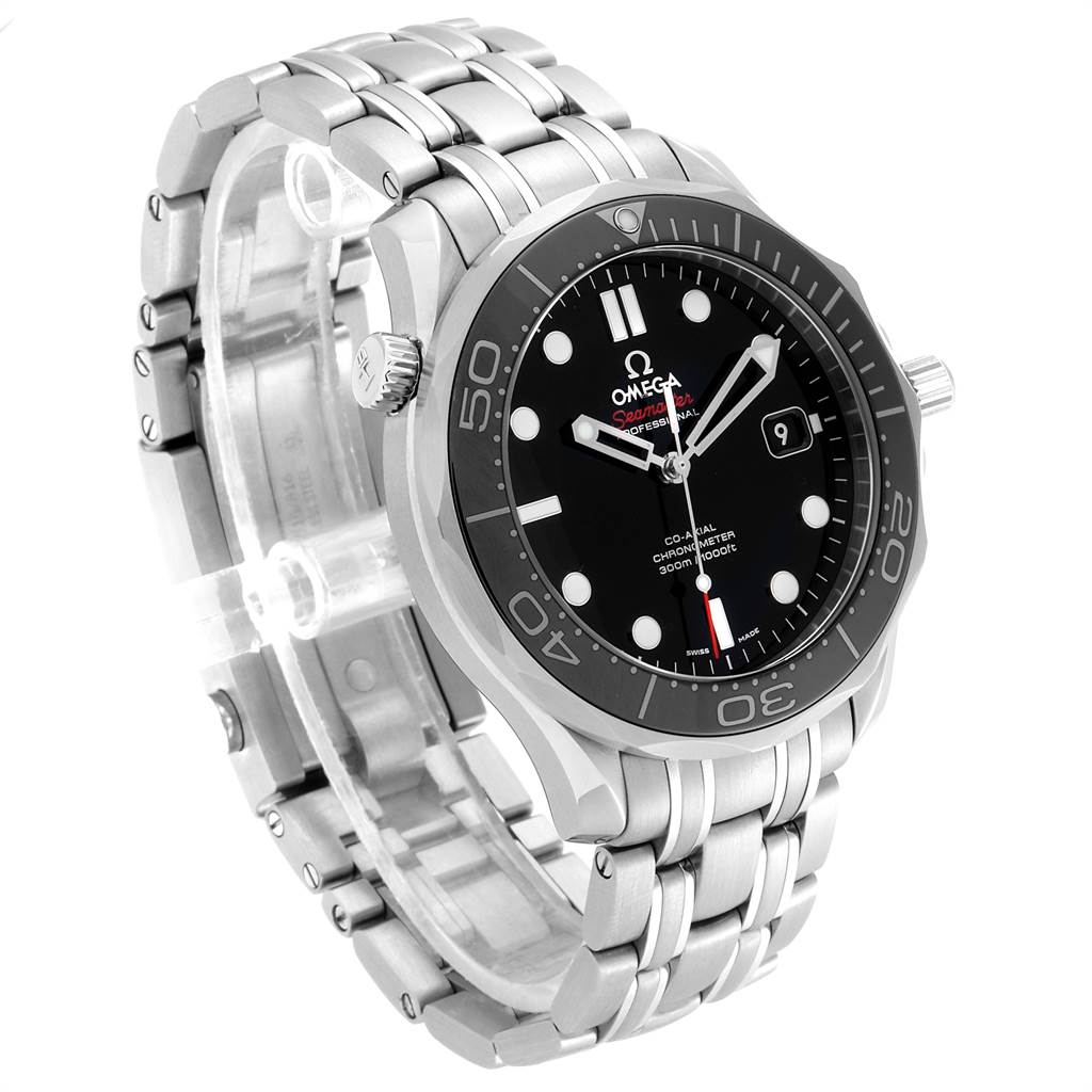 The image shows an angled view of the Omega Seamaster 212.30.41.20.01.003 Men
s Stainless Steel Black Dial 212.30.41.20.01.003 Men
s Stainless Steel Black Dial watch, highlighting its face, bezel, crown, and stainless steel bracelet.