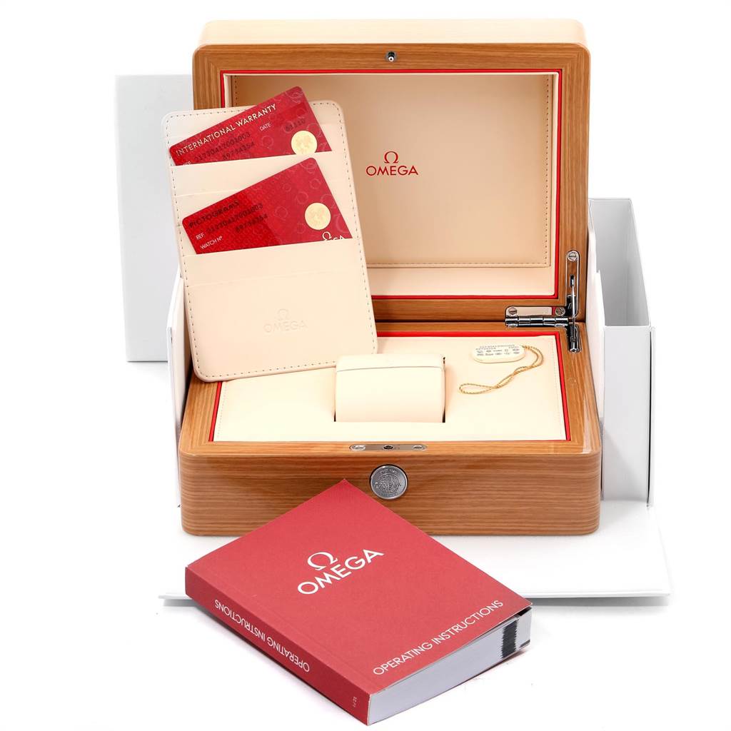 The image shows an Omega Seamaster 212.30.41.20.01.003 Men
s Stainless Steel Black Dial 212.30.41.20.01.003 Men
s Stainless Steel Black Dial watch box open, displaying warranty cards, a manual, and watch accessories.