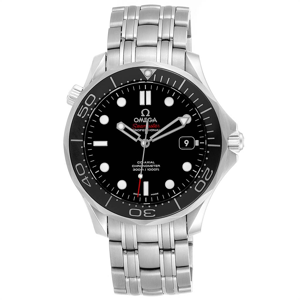 This image shows a front view of the Omega Seamaster 212.30.41.20.01.003 Men
s Stainless Steel Black Dial 212.30.41.20.01.003 Men
s Stainless Steel Black Dial watch, displaying the dial, hands, bezel, and stainless steel bracelet.
