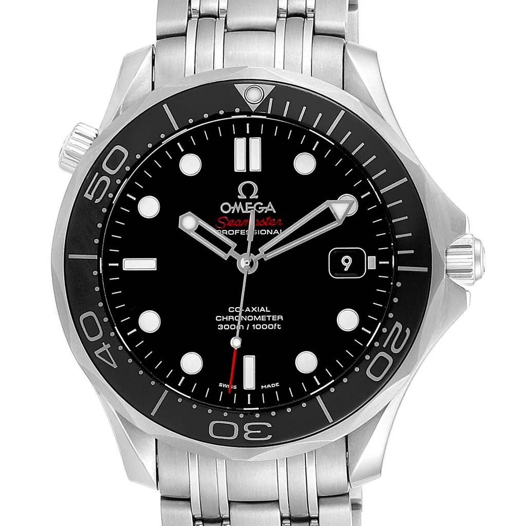 The Omega Seamaster 212.30.41.20.01.003 Men
s Stainless Steel Black Dial 212.30.41.20.01.003 Men
s Stainless Steel Black Dial model watch is shown from the front, displaying its black dial, bezel, date window, and stainless steel bracelet.