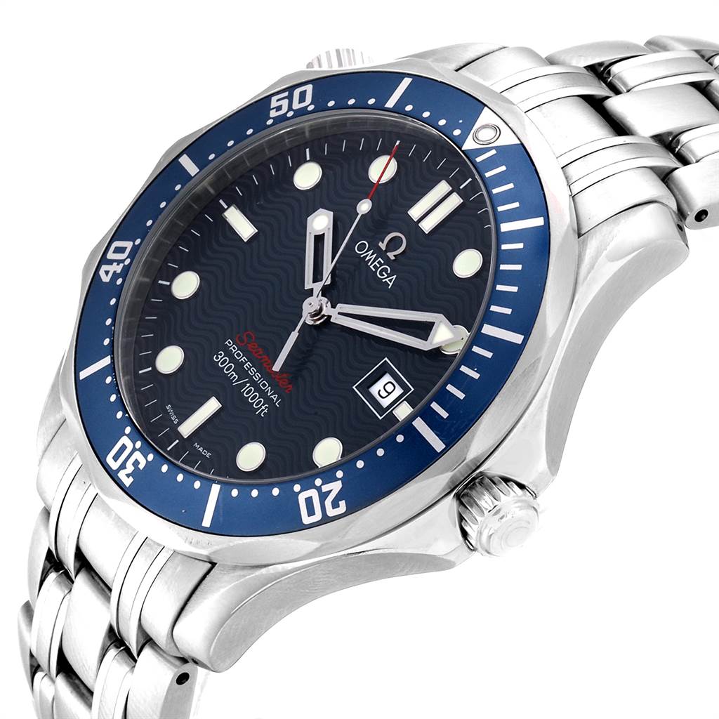 The image shows an Omega Seamaster 2221.80.00 Men
s Stainless Steel Blue Dial 2221.80.00 Men
s Stainless Steel Blue Dial watch from a three-quarters angle, highlighting the dial, bezel, crown, and bracelet.
