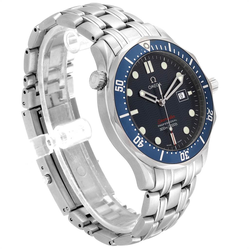 The Omega Seamaster 2221.80.00 Men
s Stainless Steel Blue Dial 2221.80.00 Men
s Stainless Steel Blue Dial watch is shown at an angle highlighting the face, bezel, crown, and metal bracelet.