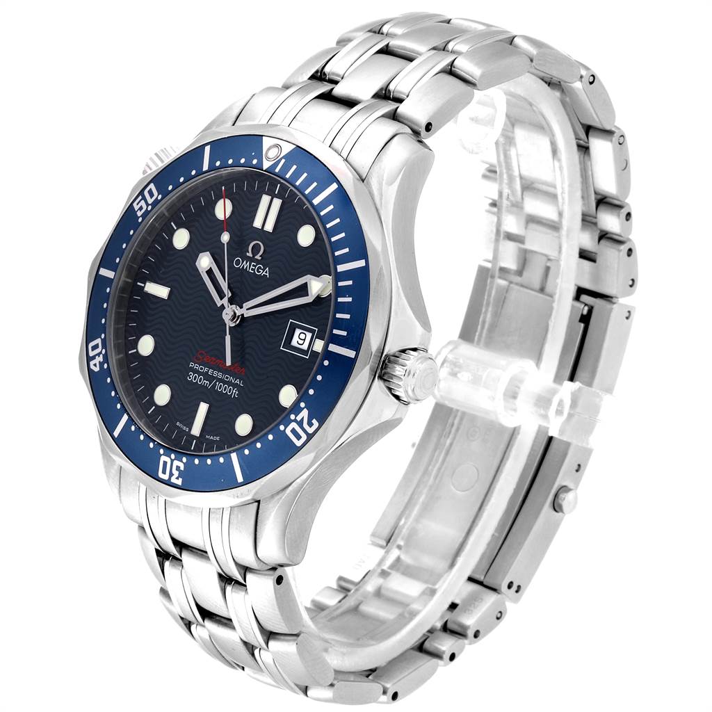 This Omega Seamaster 2221.80.00 Men
s Stainless Steel Blue Dial 2221.80.00 Men
s Stainless Steel Blue Dial watch is shown at an angled close-up, displaying the dial, bezel, crown, and stainless steel bracelet.