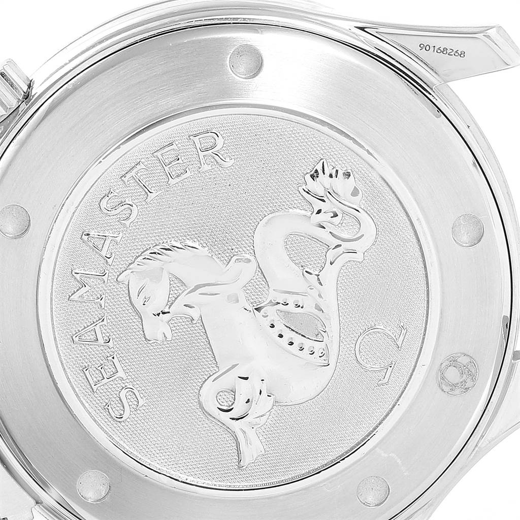 This image shows the case back of the Omega Seamaster 2221.80.00 Men
s Stainless Steel Blue Dial 2221.80.00 Men
s Stainless Steel Blue Dial watch, highlighting the engraved emblem and serial number.