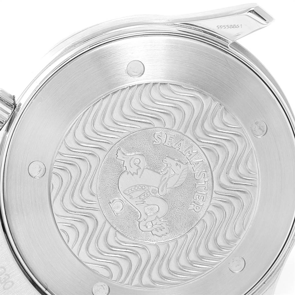 This image shows the back case of an Omega Seamaster 2264.50.00 Men
s Stainless Steel Black Dial 2264.50.00 Men
s Stainless Steel Black Dial watch, highlighting the engraved emblem and serial number.