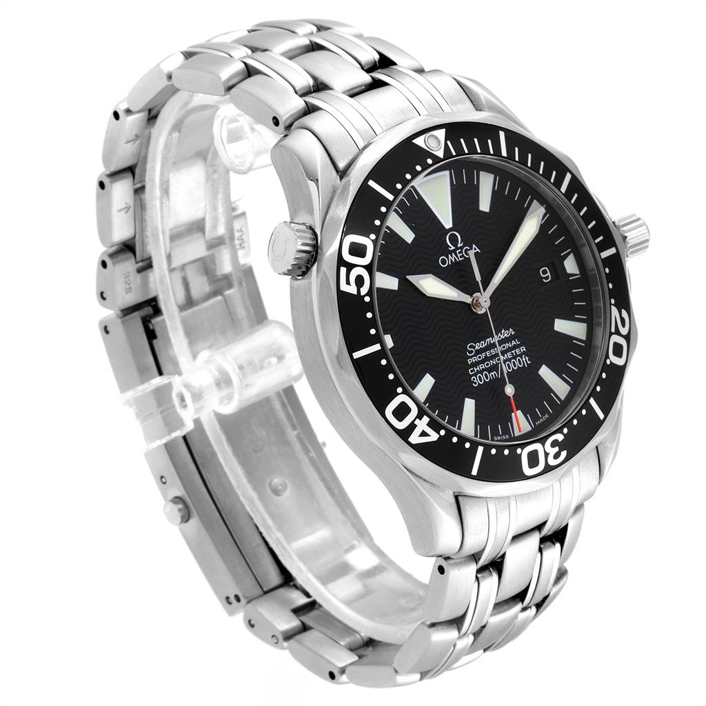 The Omega Seamaster 2254.50.00 Men
s Stainless Steel Black Dial 2254.50.00 Men
s Stainless Steel Black Dial watch is shown at a slight side angle, displaying its dial, bezel, crown, and stainless steel bracelet.