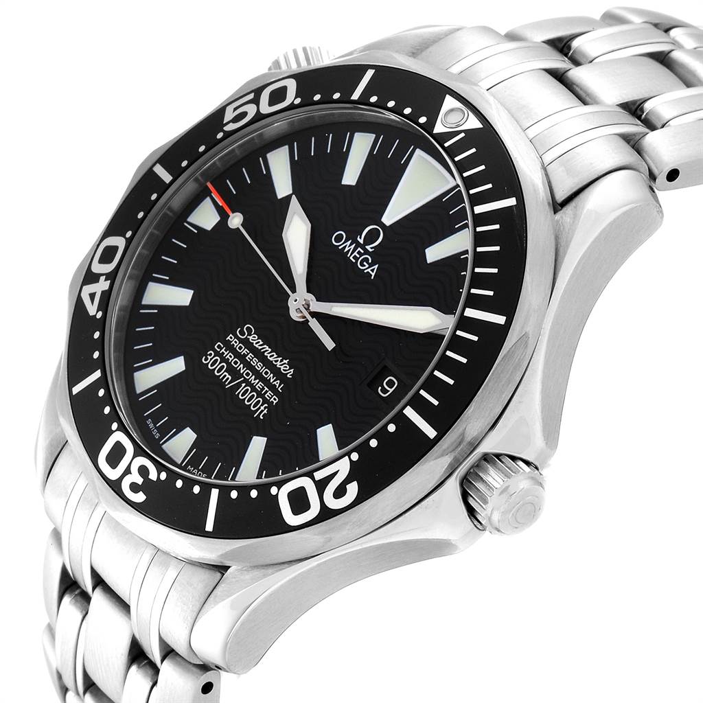 The image shows a close-up angle of an Omega Seamaster 2254.50.00 Men
s Stainless Steel Black Dial 2254.50.00 Men
s Stainless Steel Black Dial watch, highlighting its black dial, bezel, crown, and stainless steel bracelet.