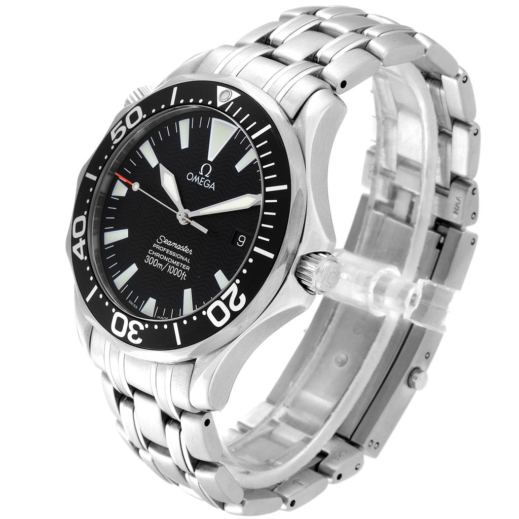 The image shows an Omega Seamaster 2254.50.00 Men
s Stainless Steel Black Dial 2254.50.00 Men
s Stainless Steel Black Dial watch from a three-quarter angle, highlighting the face, bezel, and bracelet.