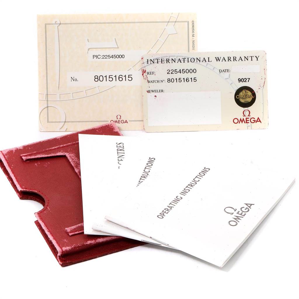 This image shows the warranty cards, instruction manuals, and a cardholder for the Omega Seamaster 2254.50.00 Men
s Stainless Steel Black Dial 2254.50.00 Men
s Stainless Steel Black Dial model.