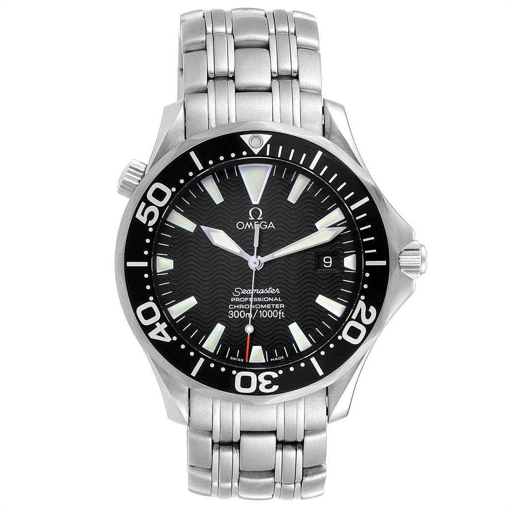 The Omega Seamaster 2254.50.00 Men
s Stainless Steel Black Dial 2254.50.00 Men
s Stainless Steel Black Dial watch is shown from a front angle, displaying the dial, bezel, and stainless steel bracelet.