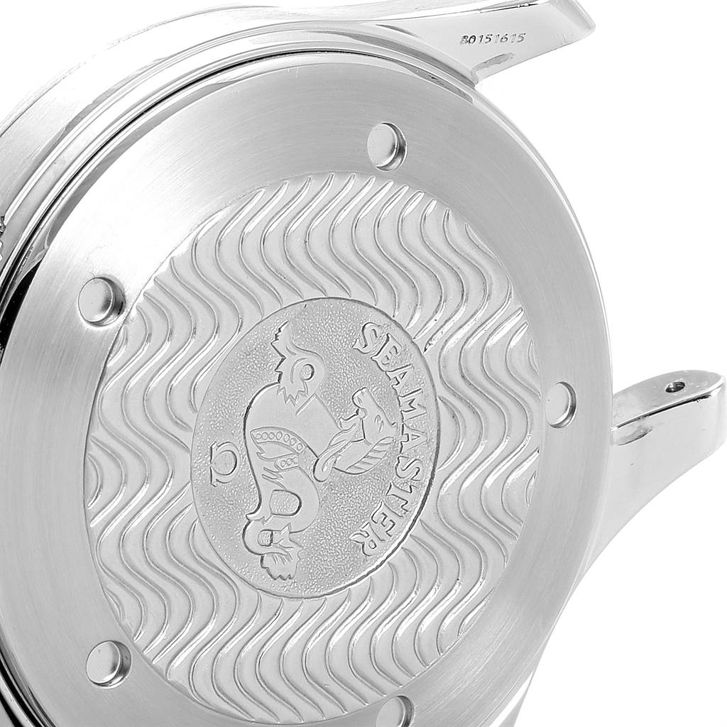 The image shows a detailed view of the back case of the Omega Seamaster 2254.50.00 Men
s Stainless Steel Black Dial 2254.50.00 Men
s Stainless Steel Black Dial watch, highlighting its engraving and design elements.