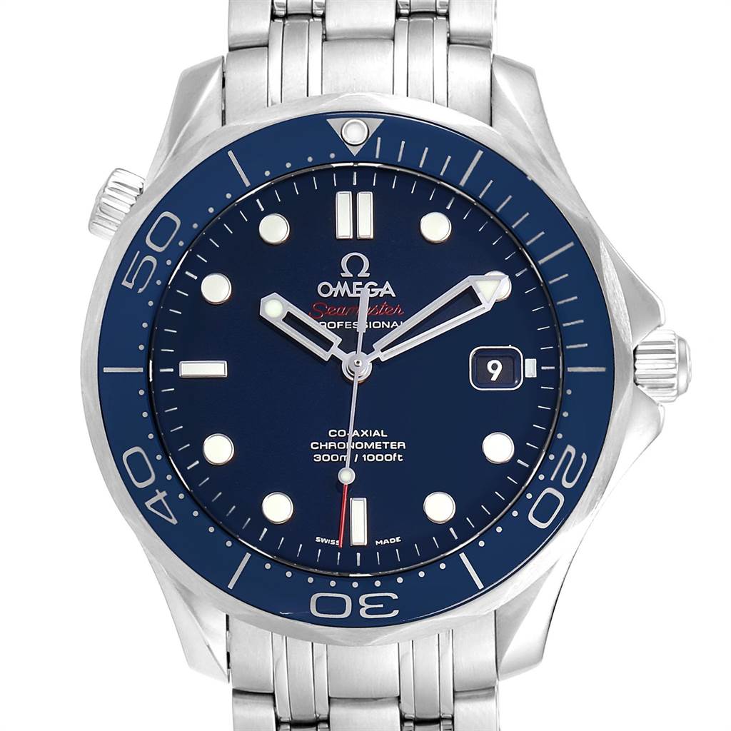This image shows a front view of the Omega Seamaster 212.30.41.20.03.001 Men
s Stainless Steel Blue Dial 212.30.41.20.03.001 Men
s Stainless Steel Blue Dial watch, highlighting its blue dial, bezel, and stainless steel bracelet.