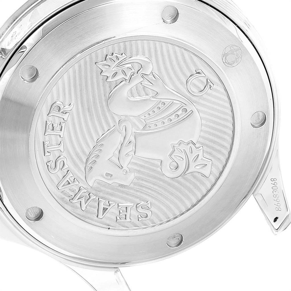 This image shows the back case of an Omega Seamaster 212.30.41.20.03.001 Men
s Stainless Steel Blue Dial 212.30.41.20.03.001 Men
s Stainless Steel Blue Dial watch, featuring its emblem and model engraving.