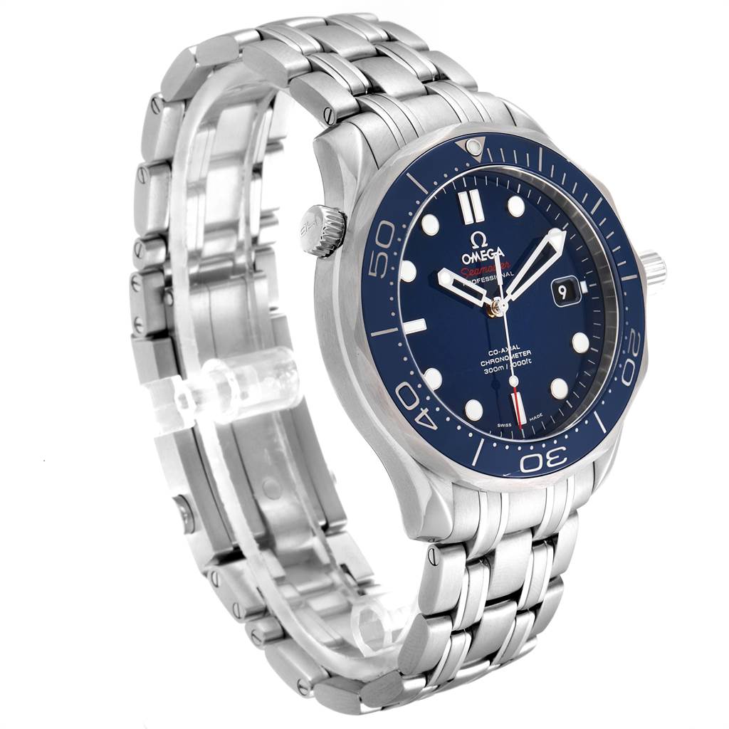 The Omega Seamaster 212.30.41.20.03.001 Men
s Stainless Steel Blue Dial 212.30.41.20.03.001 Men
s Stainless Steel Blue Dial watch is shown at a front-left angle, highlighting its blue face, bezel, crown, and metal bracelet.