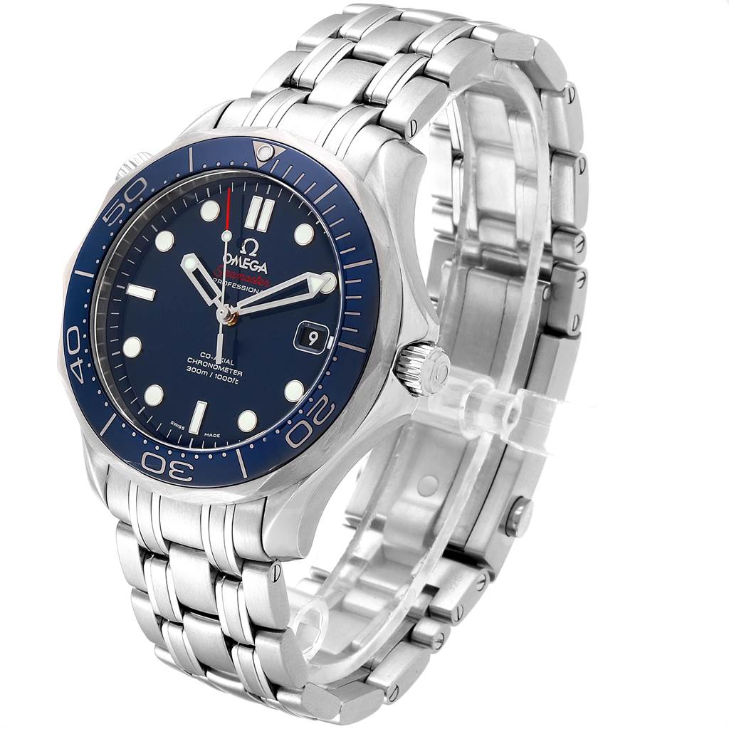 The Omega Seamaster 212.30.41.20.03.001 Men
s Stainless Steel Blue Dial 212.30.41.20.03.001 Men
s Stainless Steel Blue Dial watch is shown at a slight angle, displaying its face, bezel, crown, and metal bracelet band.