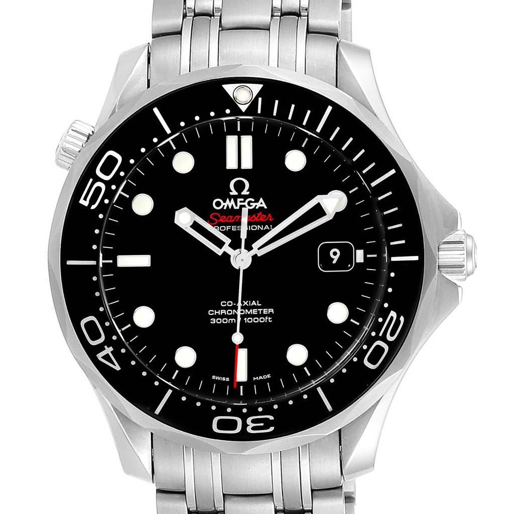 The image shows a front view of the Omega Seamaster 212.30.41.20.01.003 Men
s Stainless Steel Black Dial 212.30.41.20.01.003 Men
s Stainless Steel Black Dial watch, highlighting the bezel, dial, markers, hands, and date window.