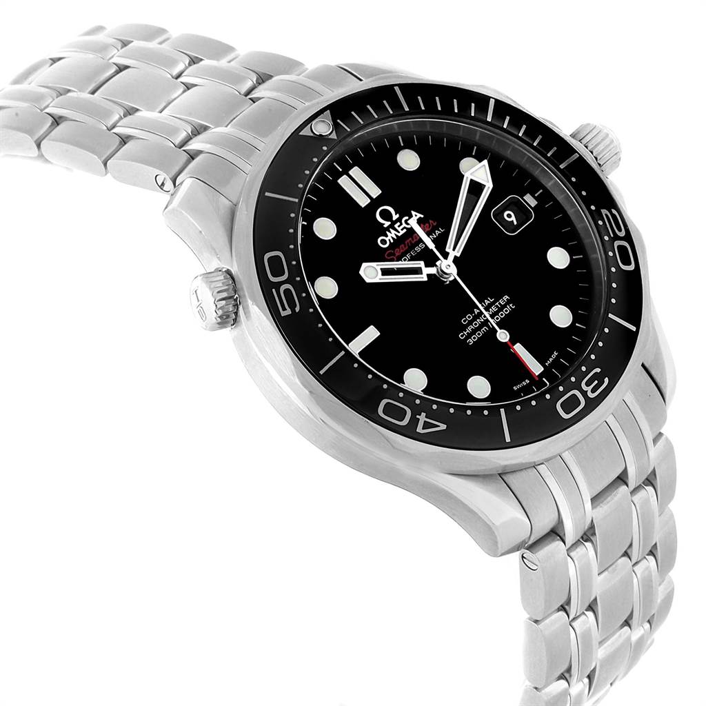 The Omega Seamaster 212.30.41.20.01.003 Men
s Stainless Steel Black Dial 212.30.41.20.01.003 Men
s Stainless Steel Black Dial watch is shown at an angle focusing on the dial, bezel, crown, and a portion of the bracelet.