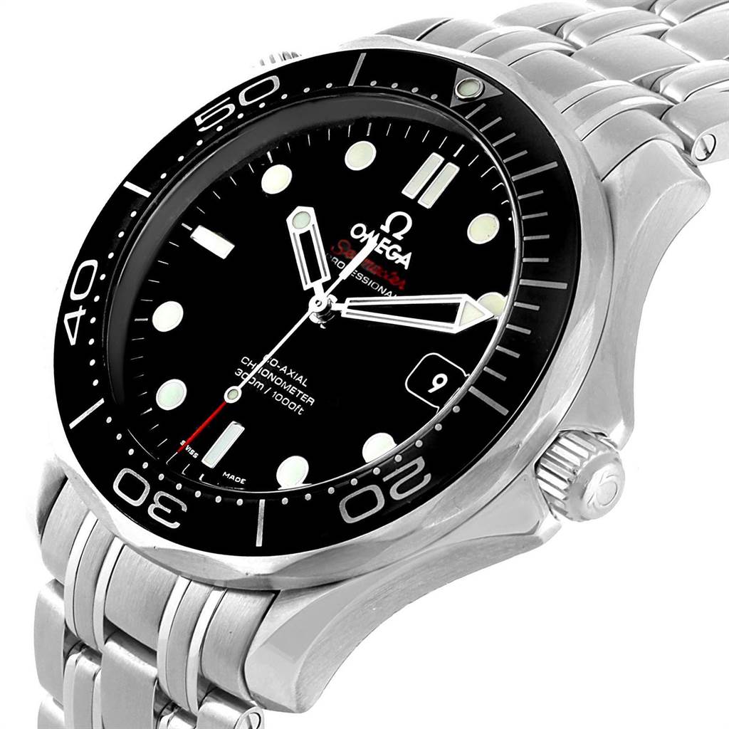 This image shows a semi-close-up angle of an Omega Seamaster 212.30.41.20.01.003 Men
s Stainless Steel Black Dial 212.30.41.20.01.003 Men
s Stainless Steel Black Dial watch, highlighting the black dial, bezel, and stainless steel bracelet.