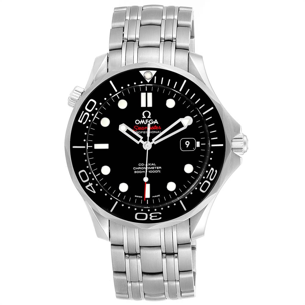 The Omega Seamaster 212.30.41.20.01.003 Men
s Stainless Steel Black Dial 212.30.41.20.01.003 Men
s Stainless Steel Black Dial watch is shown from the front, displaying the bezel, dial, and stainless steel bracelet.