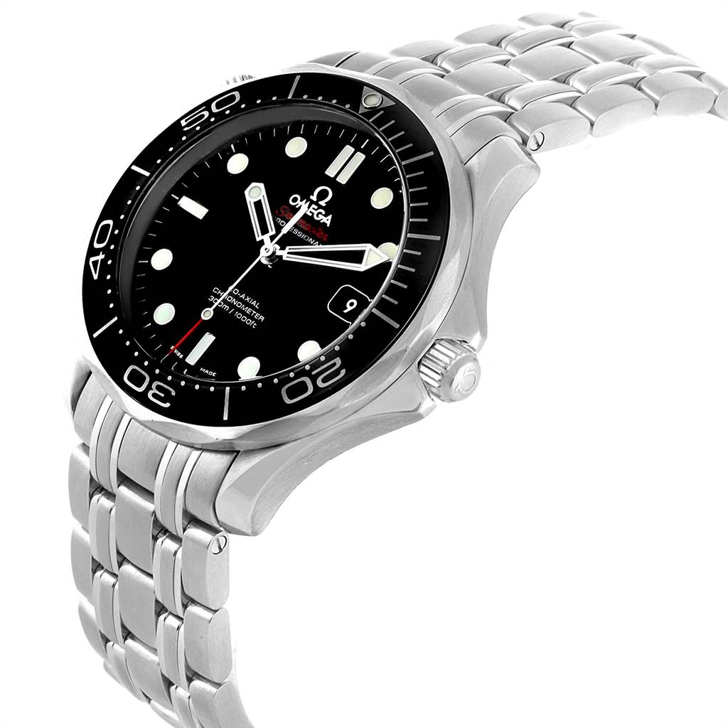 The image shows an angled view of the Omega Seamaster 212.30.41.20.01.003 Men
s Stainless Steel Black Dial 212.30.41.20.01.003 Men
s Stainless Steel Black Dial watch, highlighting its face, bezel, crown, and bracelet.