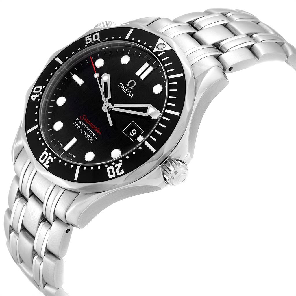 The image shows an angled view of an Omega Seamaster 212.30.41.61.01.001 Men
s Stainless Steel Black Dial 212.30.41.61.01.001 Men
s Stainless Steel Black Dial watch, highlighting the face, bezel, crown, and part of the bracelet.