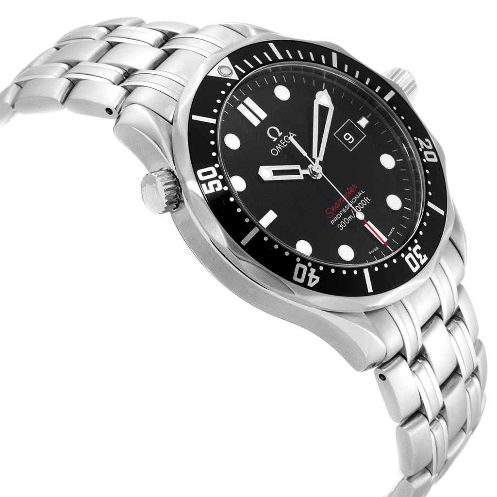 The Omega Seamaster 212.30.41.61.01.001 Men
s Stainless Steel Black Dial 212.30.41.61.01.001 Men
s Stainless Steel Black Dial watch is shown at an angle emphasizing its black dial, bezel, and stainless steel bracelet.