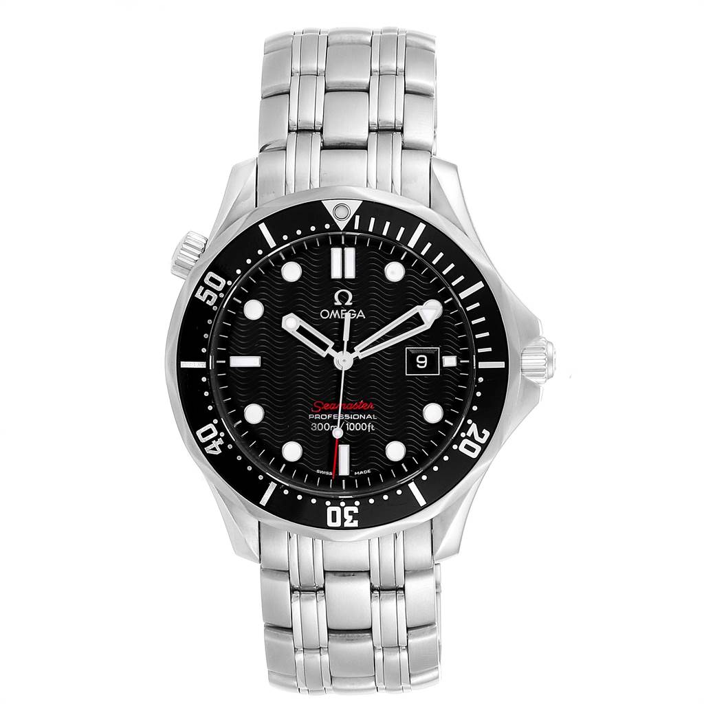 The image shows a front view of an Omega Seamaster 212.30.41.61.01.001 Men
s Stainless Steel Black Dial 212.30.41.61.01.001 Men
s Stainless Steel Black Dial watch, highlighting its dial, bezel, and bracelet.