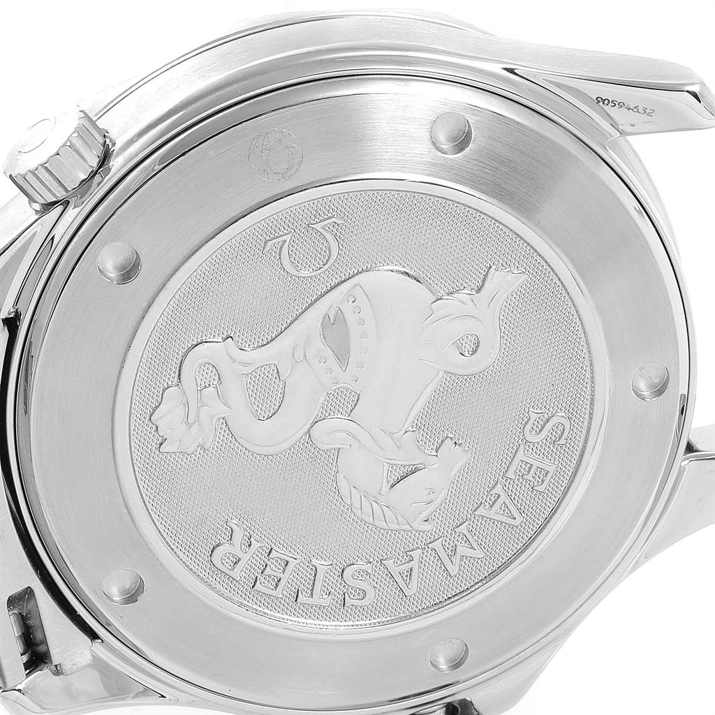 This image shows the back case of an Omega Seamaster 212.30.41.61.01.001 Men
s Stainless Steel Black Dial 212.30.41.61.01.001 Men
s Stainless Steel Black Dial watch, featuring an engraved logo and model name.