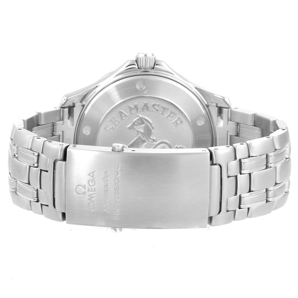 The image shows the back case and bracelet clasp of an Omega Seamaster 212.30.41.61.01.001 Men
s Stainless Steel Black Dial 212.30.41.61.01.001 Men
s Stainless Steel Black Dial watch, displaying the Seamaster engraving and Omega logos.