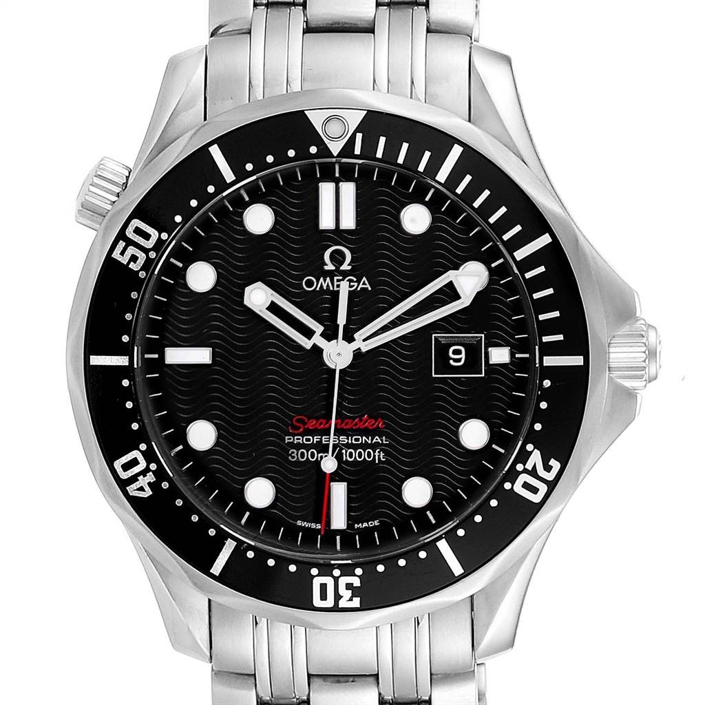 The image shows a frontal view of the Omega Seamaster 212.30.41.61.01.001 Men
s Stainless Steel Black Dial 212.30.41.61.01.001 Men
s Stainless Steel Black Dial watch, highlighting the dial, bezel, hands, and tachymeter.