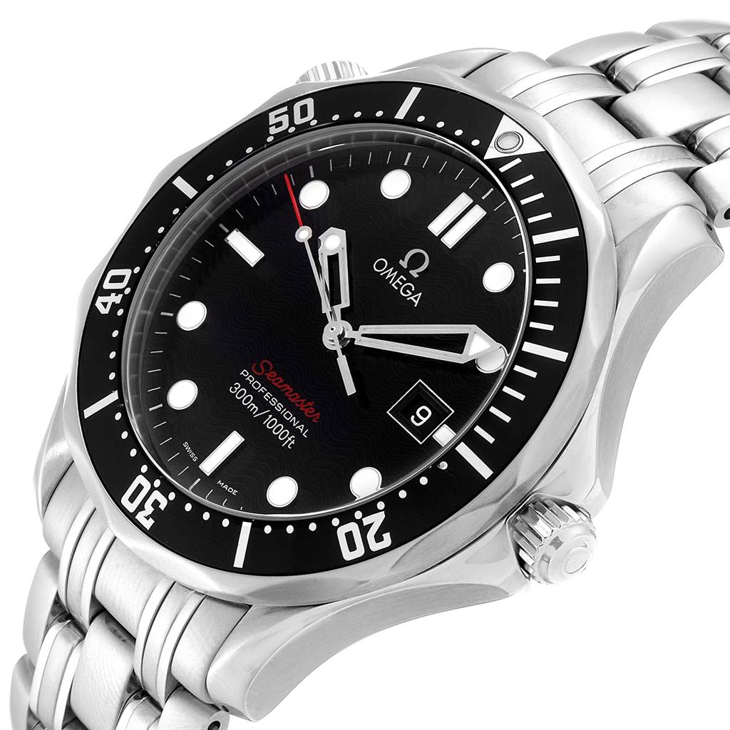 The image shows an Omega Seamaster 212.30.41.61.01.001 Men
s Stainless Steel Black Dial 212.30.41.61.01.001 Men
s Stainless Steel Black Dial watch at an angled close-up, highlighting the face, bezel, crown, and part of the bracelet.