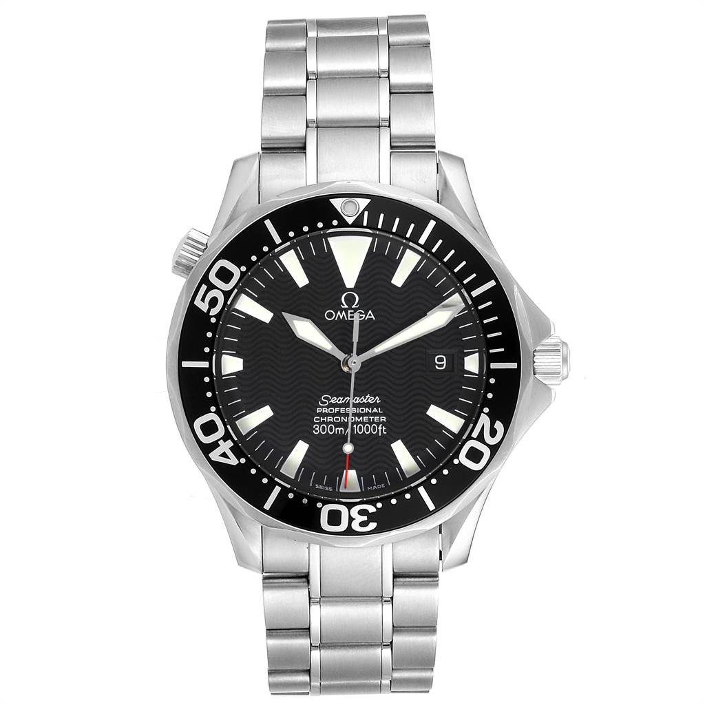 The image shows a front view of the Omega Seamaster 2254.50.00 Men
s Stainless Steel Black Dial 2254.50.00 Men
s Stainless Steel Black Dial watch, displaying its face, bezel, and metal bracelet.