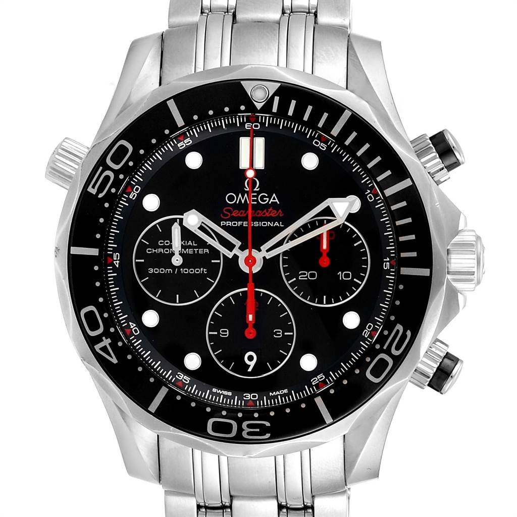 The image shows a frontal view of the Omega Seamaster 212.30.44.50.01.001 Men
s Stainless Steel Black Dial 212.30.44.50.01.001 Men
s Stainless Steel Black Dial watch, highlighting its dial, bezel, and bracelet.