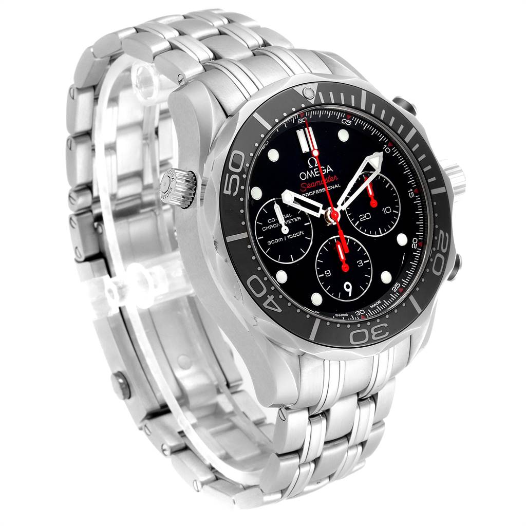 The watch is an Omega Seamaster 212.30.44.50.01.001 Men
s Stainless Steel Black Dial 212.30.44.50.01.001 Men
s Stainless Steel Black Dial shown at an angle highlighting the face, bezel, and stainless steel bracelet.