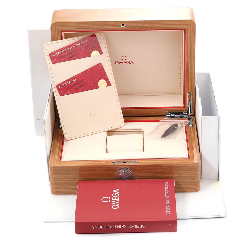 The image shows the accessories for an Omega Seamaster 212.30.44.50.01.001 Men
s Stainless Steel Black Dial 212.30.44.50.01.001 Men
s Stainless Steel Black Dial, including a wooden box, warranty cards, and operating instructions.