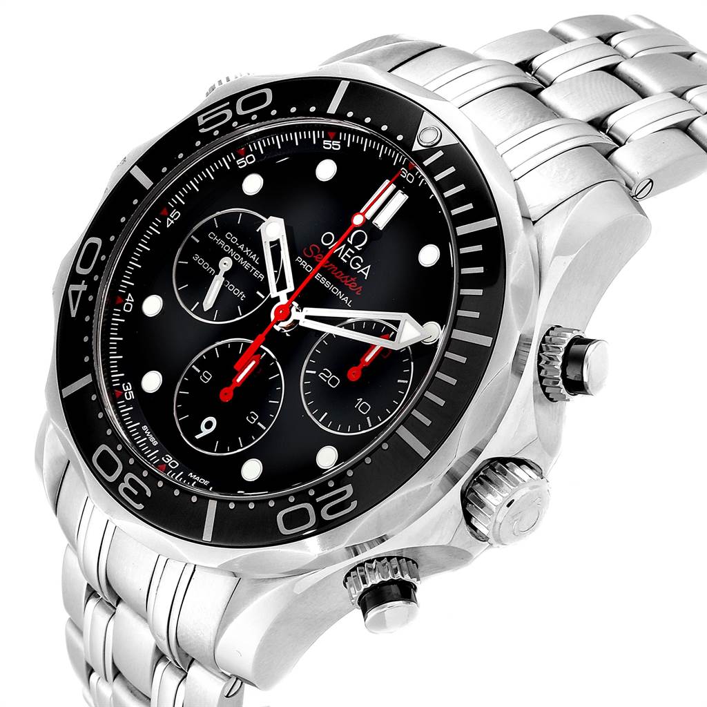 The Omega Seamaster 212.30.44.50.01.001 Men
s Stainless Steel Black Dial 212.30.44.50.01.001 Men
s Stainless Steel Black Dial watch is shown at an angle highlighting the bezel, face, crown, and stainless steel bracelet.