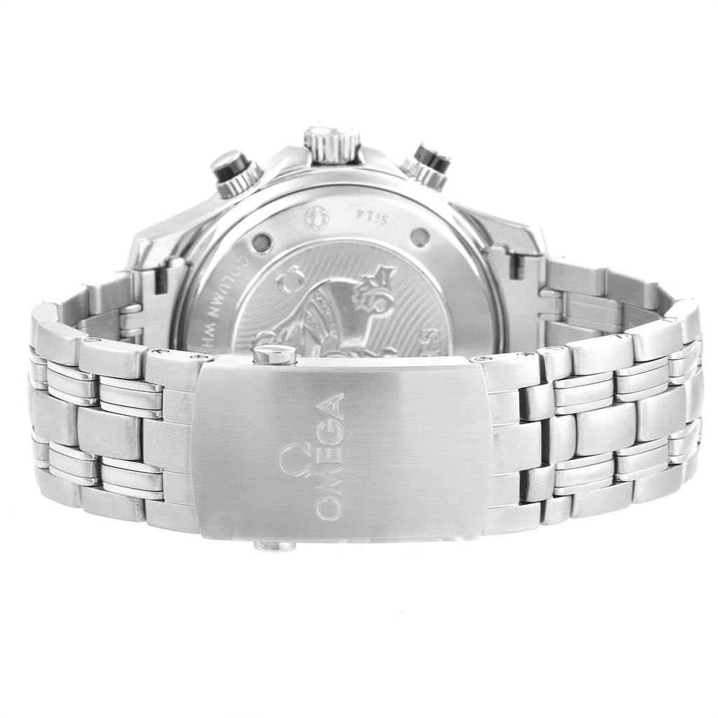 The image shows the back view of an Omega Seamaster 212.30.44.50.01.001 Men
s Stainless Steel Black Dial 212.30.44.50.01.001 Men
s Stainless Steel Black Dial watch, highlighting its clasp and case back.