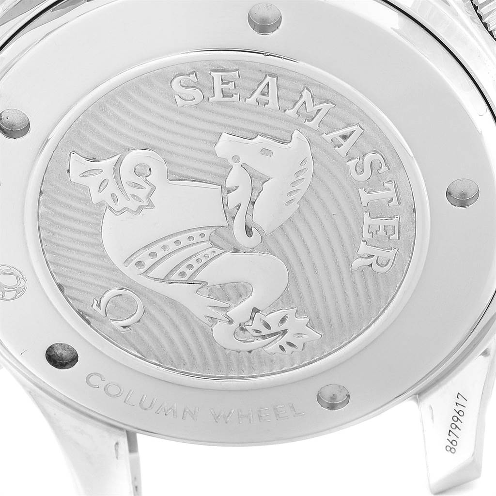 The image shows the case back of the Omega Seamaster 212.30.44.50.01.001 Men
s Stainless Steel Black Dial 212.30.44.50.01.001 Men
s Stainless Steel Black Dial watch, highlighting the embossed Seamaster logo and inscriptions.