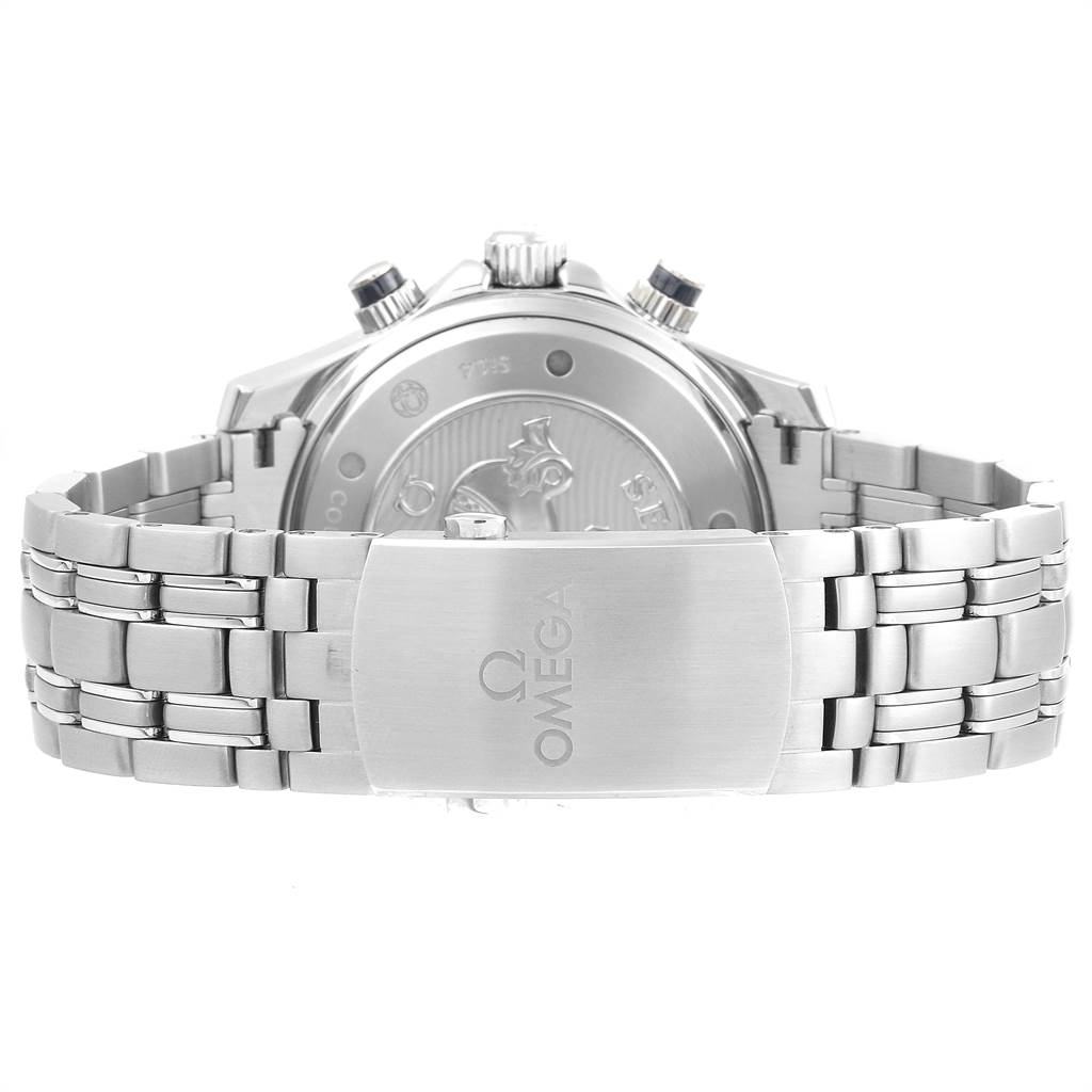 The image shows the back of an Omega Seamaster 212.30.44.50.03.001 Men
s Stainless Steel Blue Dial 212.30.44.50.03.001 Men
s Stainless Steel Blue Dial watch, highlighting its stainless steel bracelet and clasp.