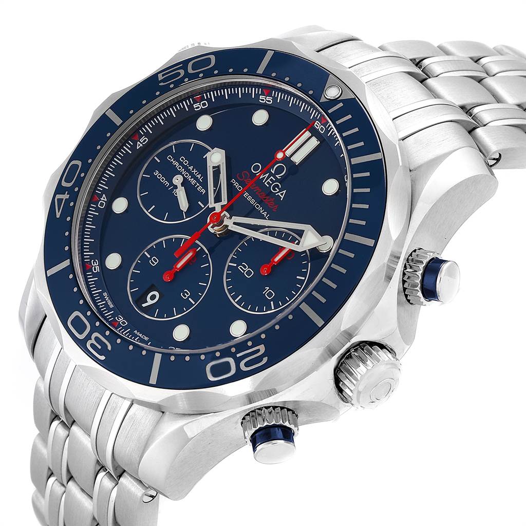 This image shows an angled view of an Omega Seamaster 212.30.44.50.03.001 Men
s Stainless Steel Blue Dial 212.30.44.50.03.001 Men
s Stainless Steel Blue Dial watch, highlighting its face, bezel, chronograph dials, and metal bracelet.