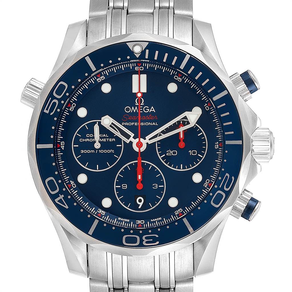 The image shows a front view of the Omega Seamaster 212.30.44.50.03.001 Men
s Stainless Steel Blue Dial 212.30.44.50.03.001 Men
s Stainless Steel Blue Dial Professional watch, highlighting its blue dial, chronograph subdials, and stainless steel bracelet.